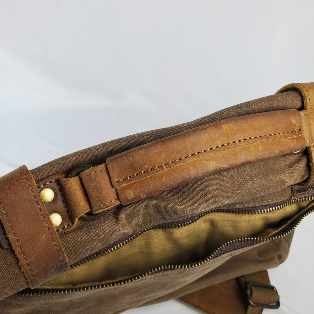 NEWHEY Messenger Laptop Bag Waterproof Canvas Leather Nubuck Brown Beeswax
